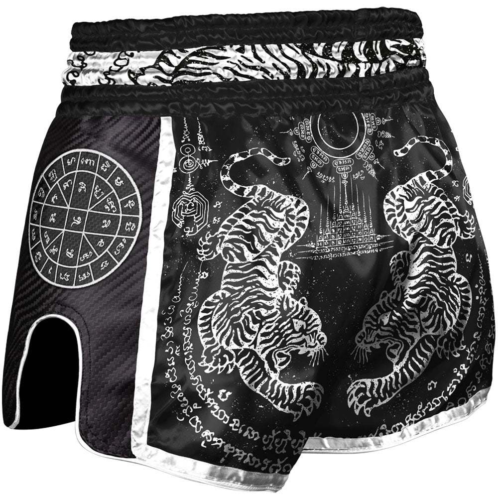 Short de Muay Thaï noir avec motif tigres Sak Yant, léger et respirant pour entraînement et combat