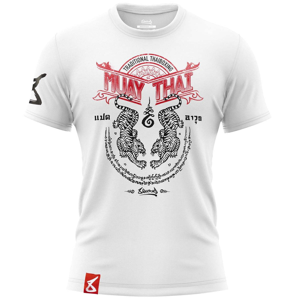 T-shirt blanc 8 WEAPONS avec motifs Sak Yant Tigers Muay Thaï, symboles de force et courage