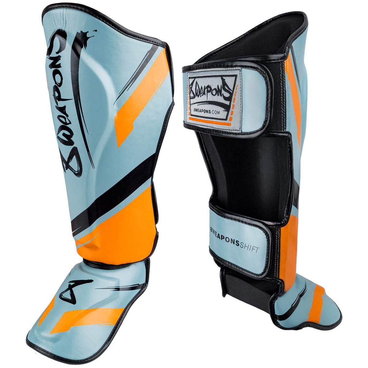 Protège-tibias 8 WEAPONS Shift gris glacé orange pour entraînements de sports pieds-poings.