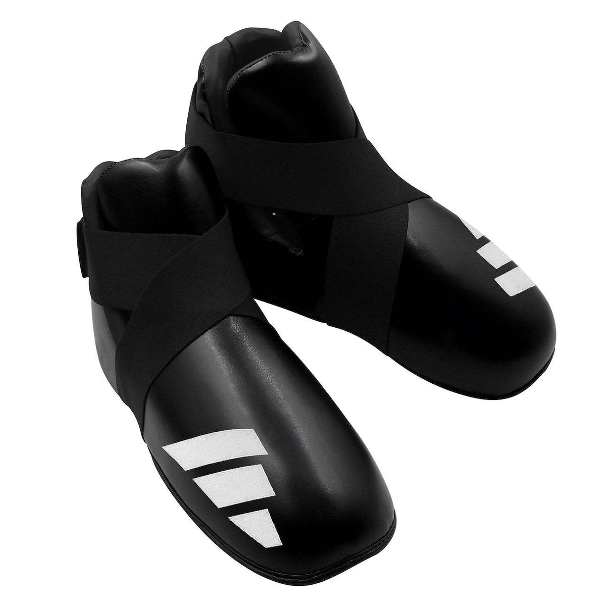 Black adidas Full Contact foot protectors with white logo and adjustable straps for martial arts training and competition.