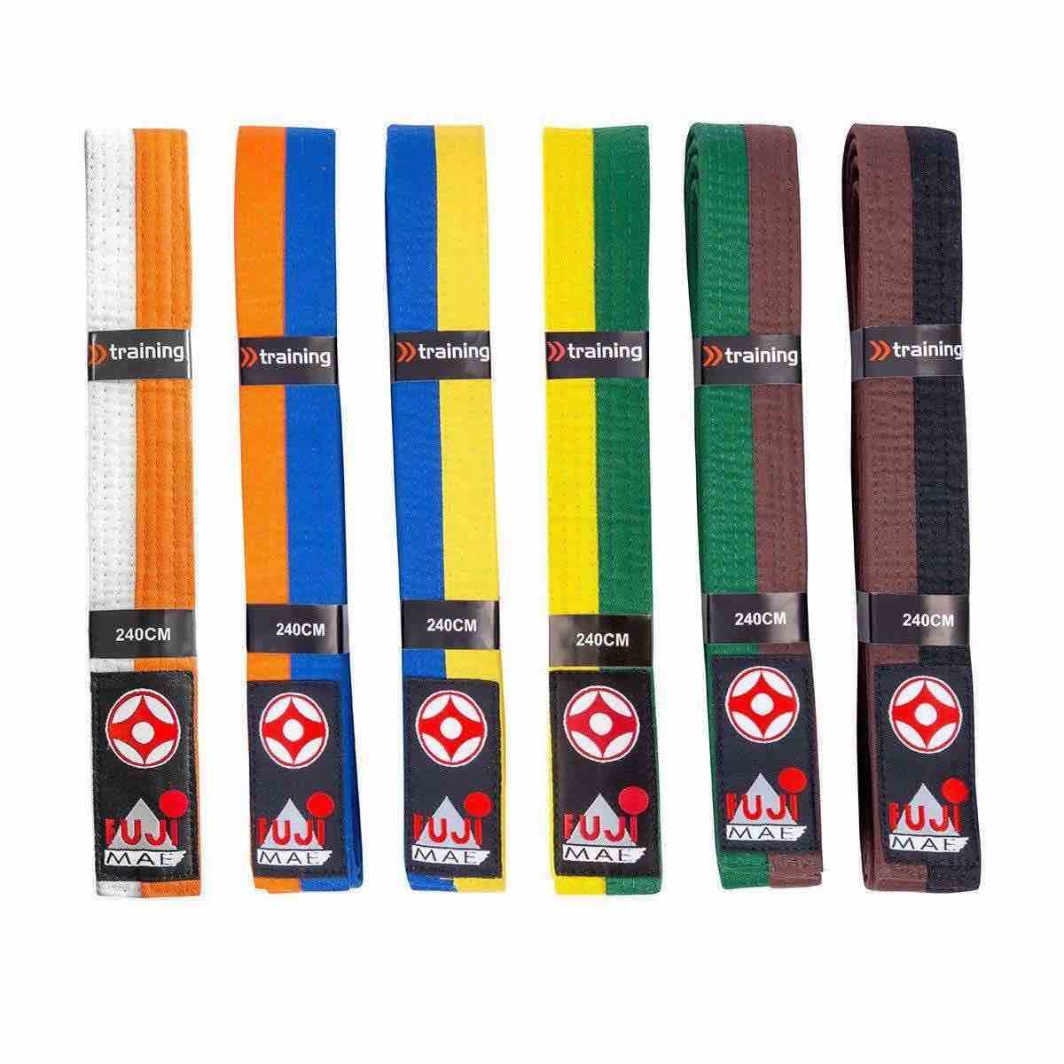 Set of FUJIMAE Kyokushinkai bicolor karate belts in multiple color combinations, 240 cm cotton training belts