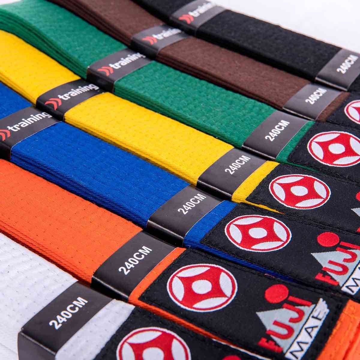 Colorful FUJIMAE Karate Kyokushinkai belts in various sizes and colors made of durable 100% cotton with reinforced stitching