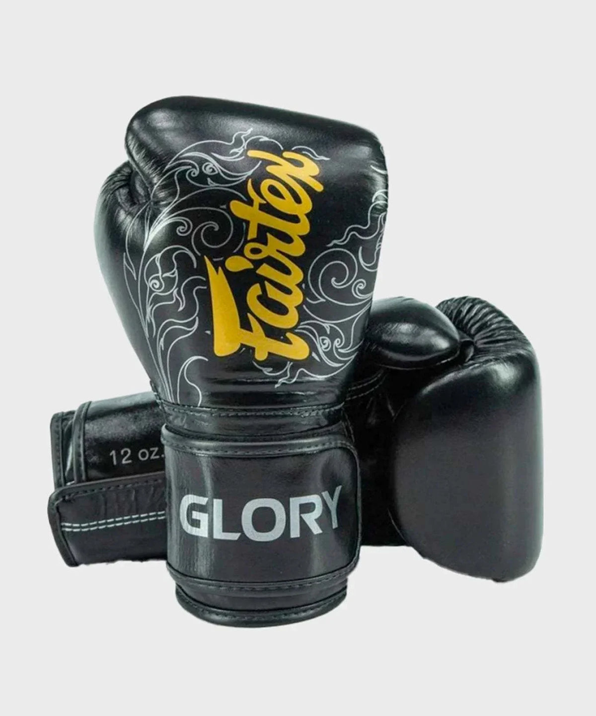 Gants de Boxe Fairtex x Glory noir en cuir avec mousse double densité, ergonomiques et fabriqués à la main en Thaïlande.
