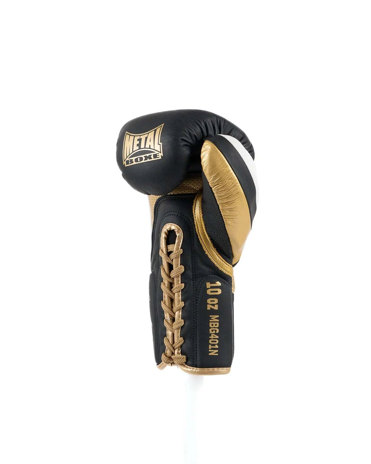 Black and gold Metal Boxe Legacy foam lace-up boxing glove with premium leather and triple-density padding for optimal protection and comfort