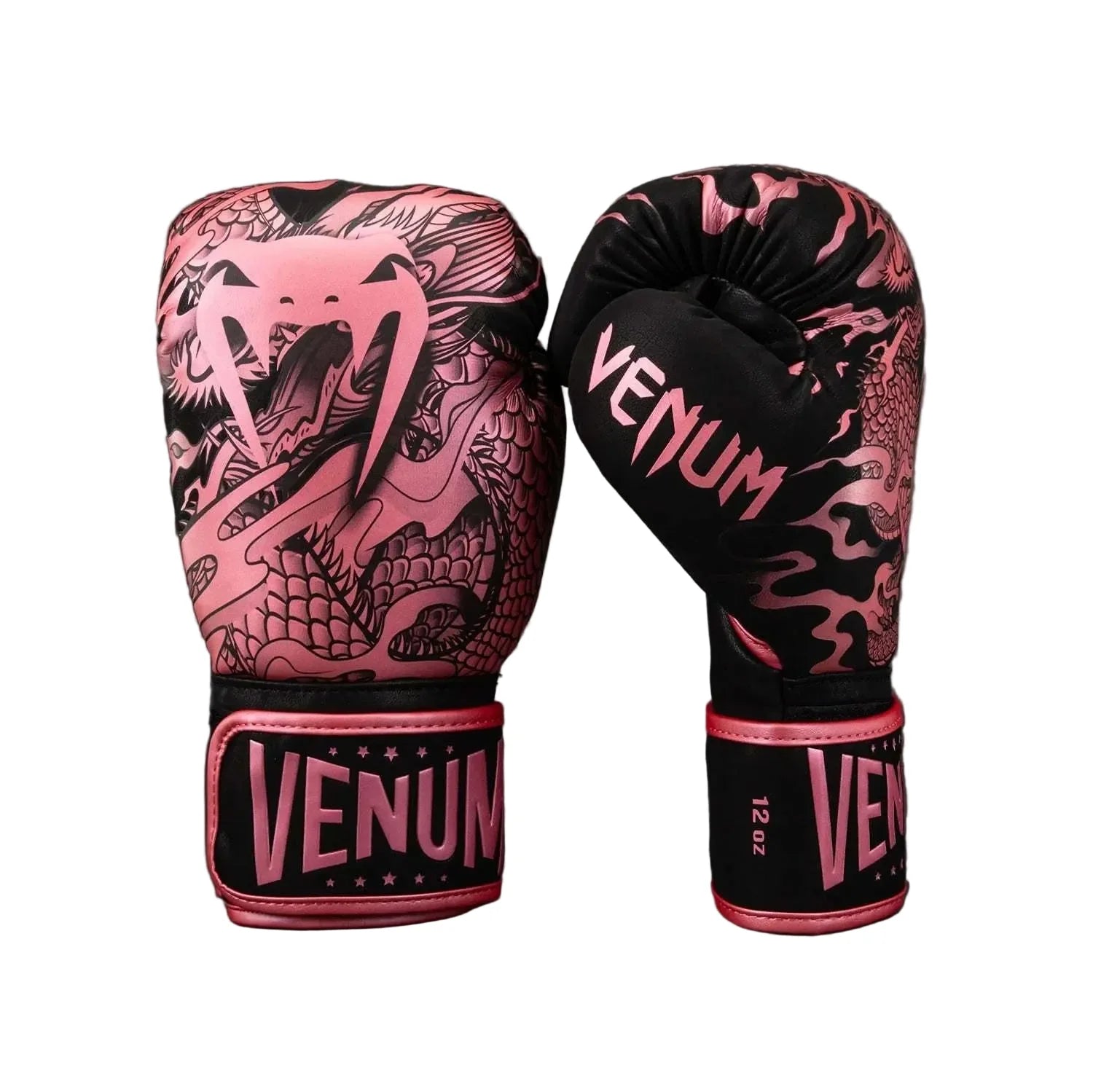 Gants de boxe Venum Dragon’s Flight noir et rose métallisé au design féminin et protection optimale