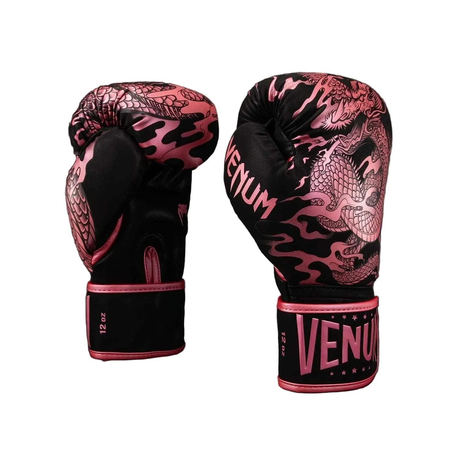 Gants de boxe Venum Dragon’s Flight noir et rose métallisé au design dragon féminin et protection optimale