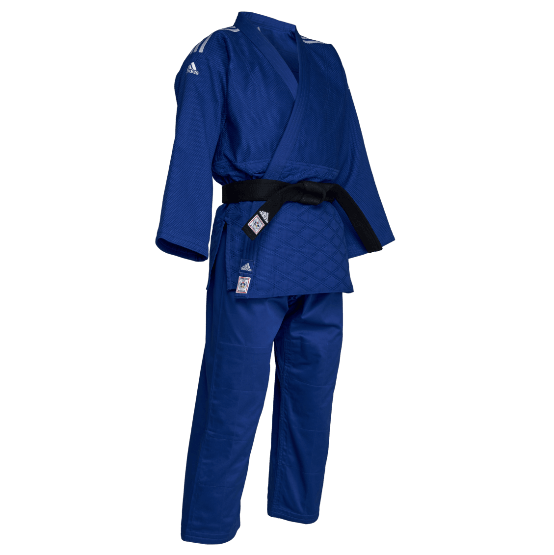 Blue Adidas Champion III IJF judo kimono with black belt, professional competition design