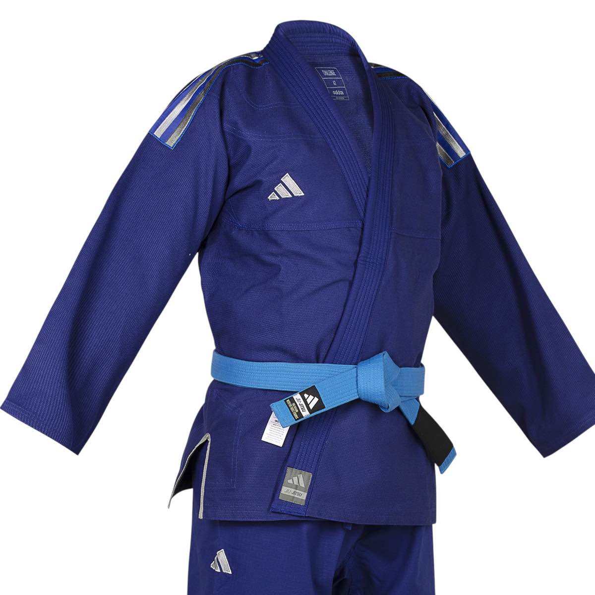 Kimono Jiu Jitsu Brésilien Adidas Challenge 2.0 blanc et bleu en coton Ripstop avec renforts genoux et doublure sublimée