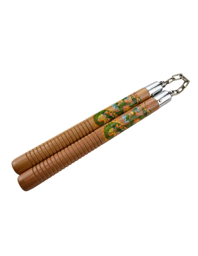 Nunchaku Bois Strié Dragon Naturel Piranha – Chaîne 30 cm