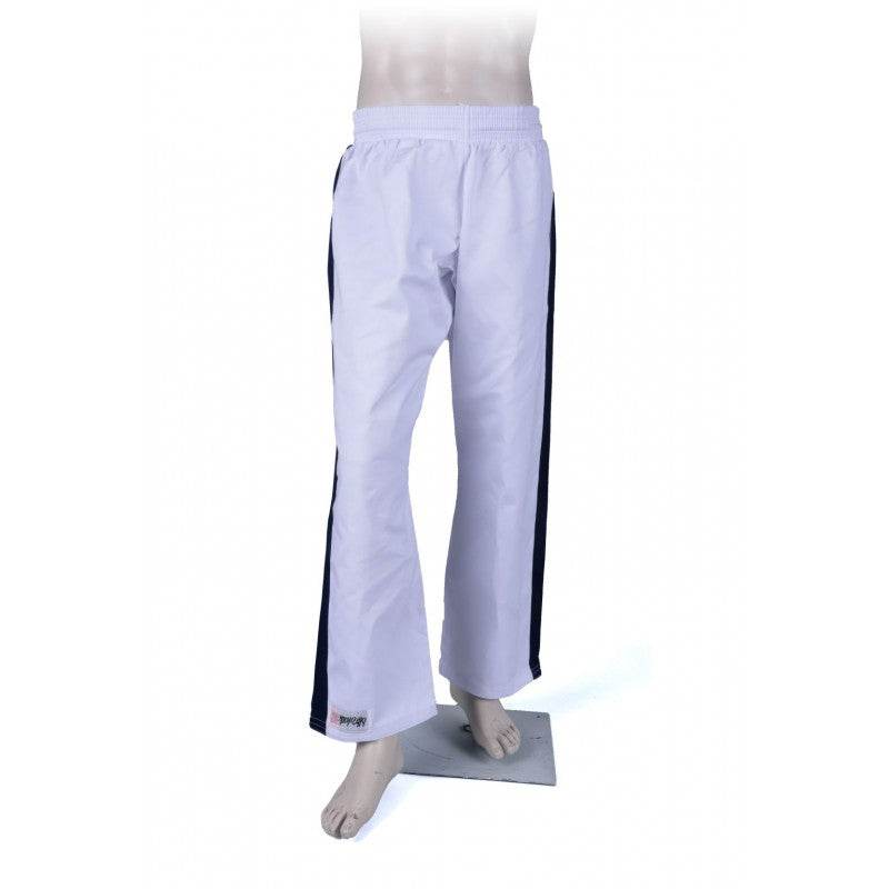 Pantalon Yoseikan Budo Noris blanc en coton avec bandes bleu nuit et ceinture élastique