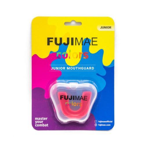Junior FUJIMAE bi-material child mouthguard with double gel layer, ventilation channels, and molar reinforcements in blue, orange, and red colors.