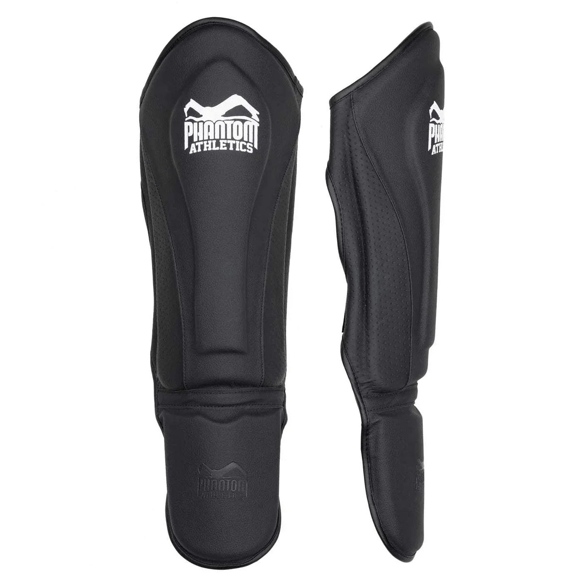 Protège-tibias Phantom MT-Pro noir en cuir synthétique PU pour Muay Thaï et kickboxing avec rembourrage haute densité et maintien velcro robuste