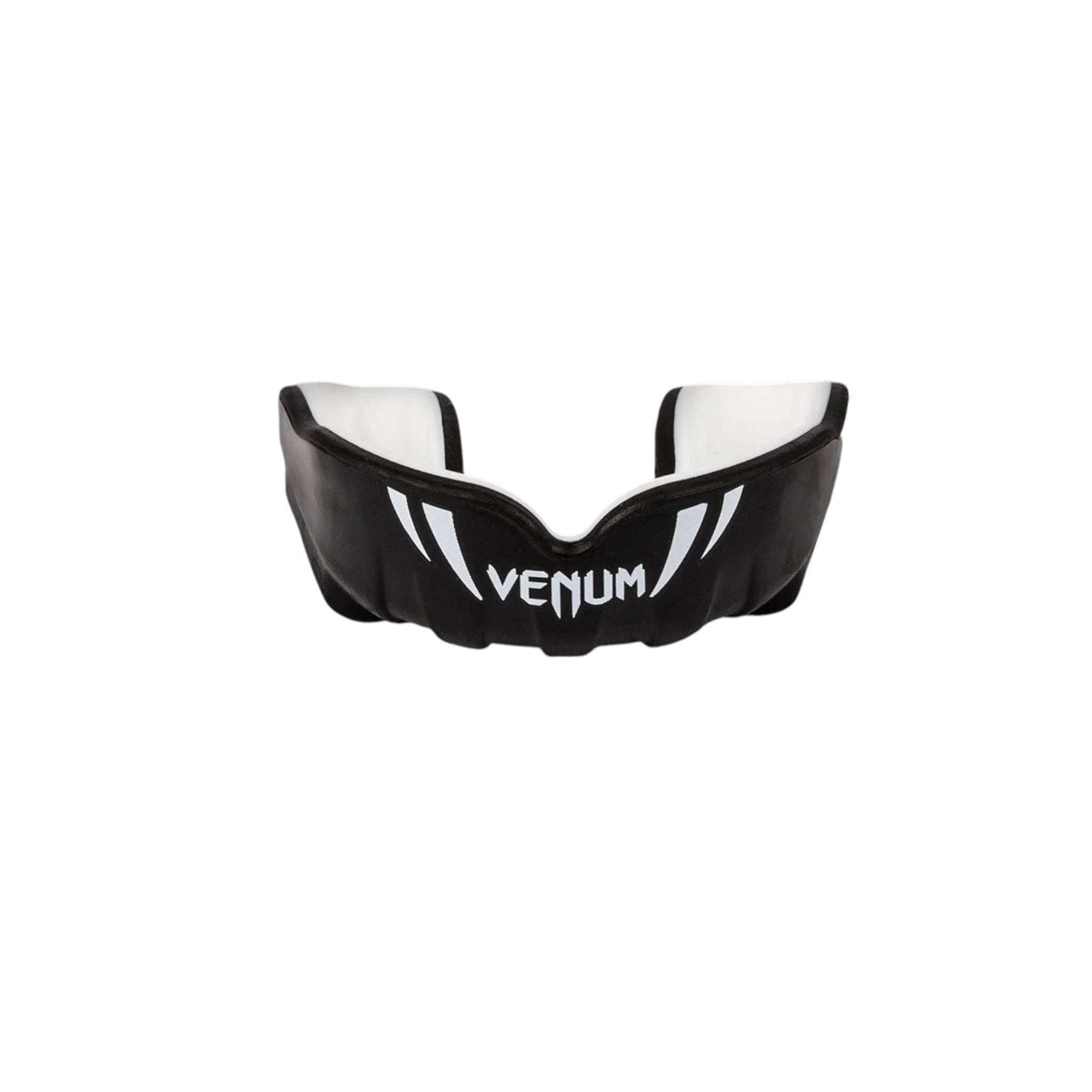 Protège-dents enfant Venum Challenger noir et blanc avec double couche de gel et haute densité pour sports de combat sécurisé.