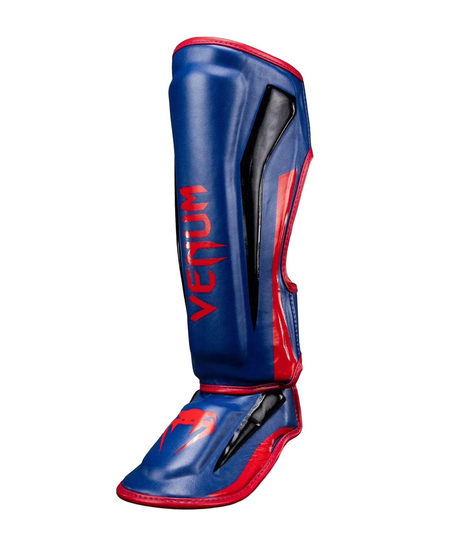 Protège-tibias Venum Elite bleu foncé et rouge pour sports de frappe avec mousse haute densité et velcro ajustable