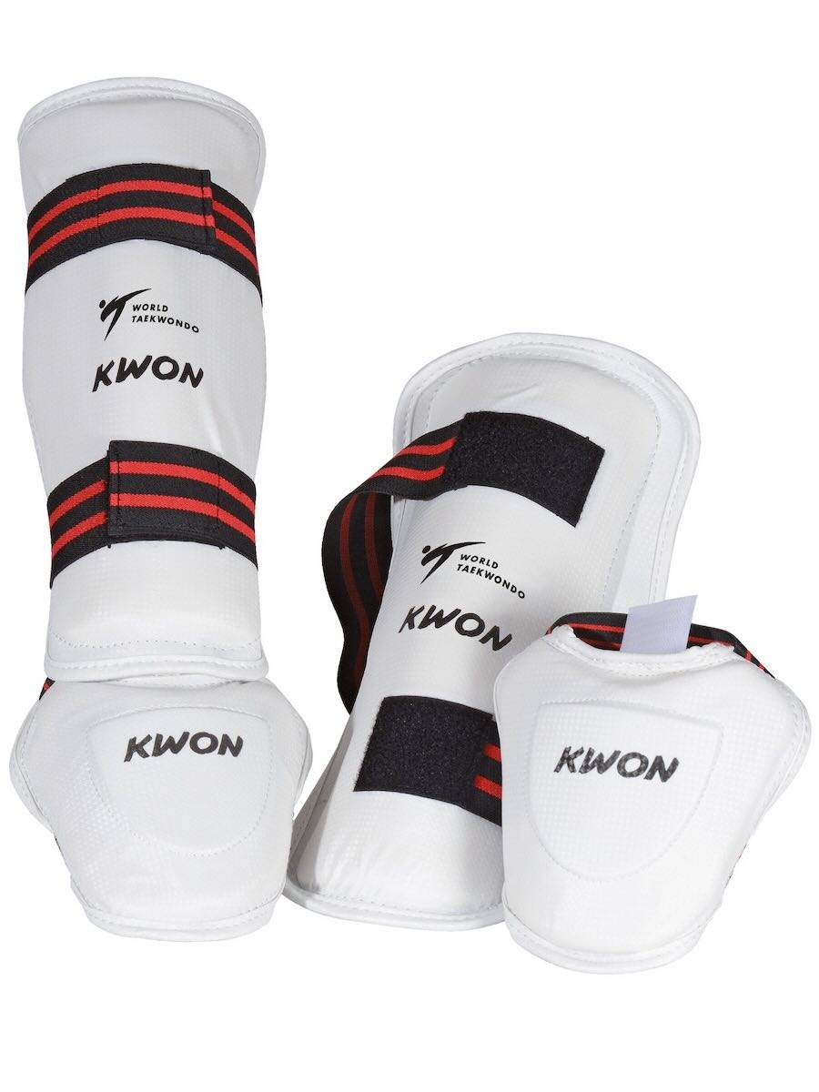 Protège tibias-pieds Taekwondo Kwon WT blanc et noir avec coup de pied amovible et mousse EVA haute densité