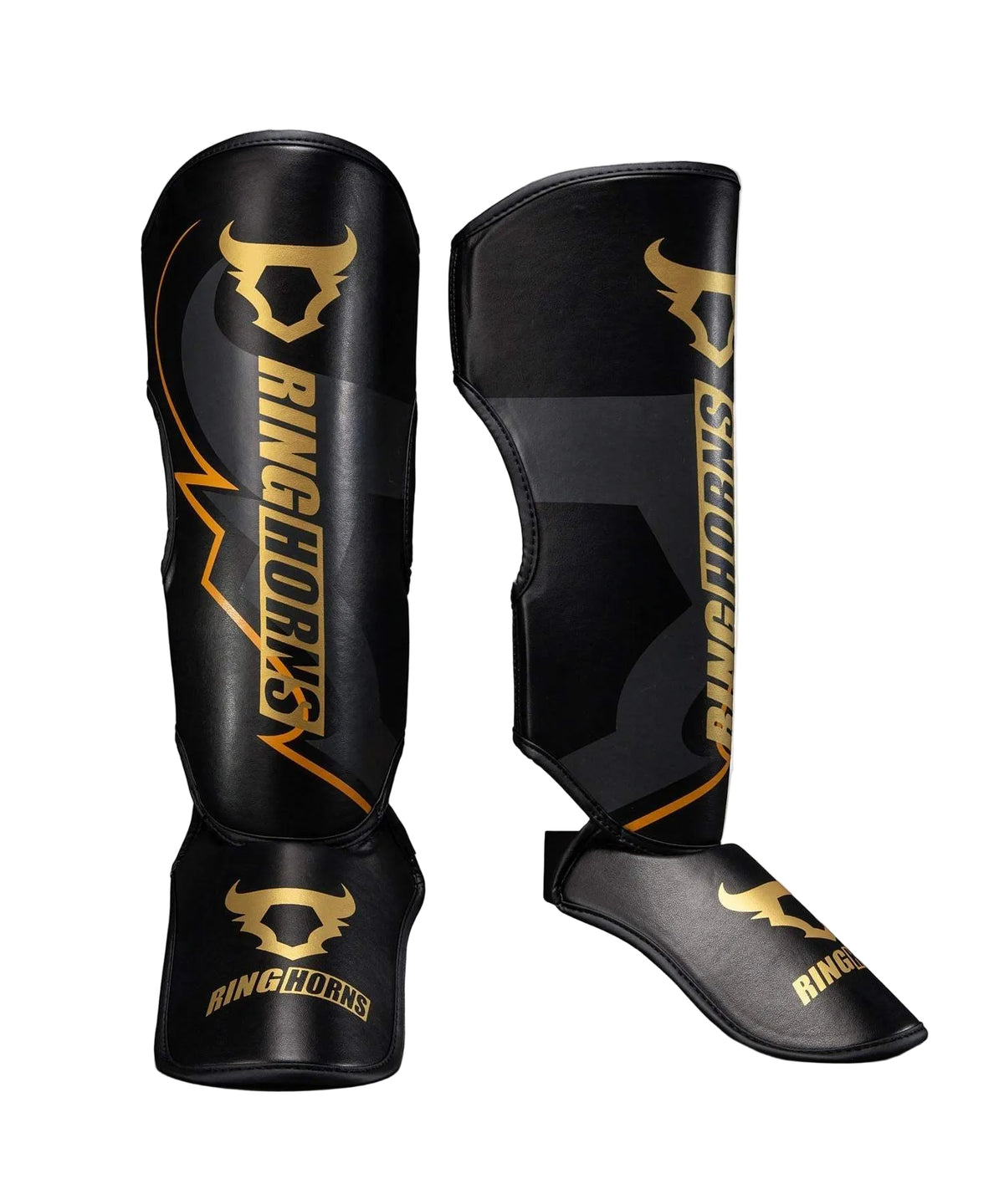 Protège-tibias Venum Ringhorns Charger noir et or pour muay-thaï et kick-boxing avec mousse absorbante et maintien velcro
