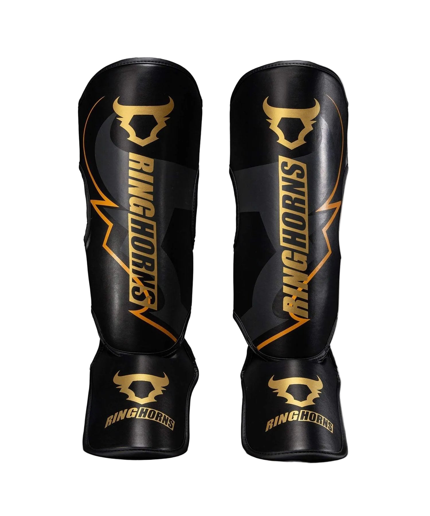 Protège-tibias Venum x Ringhorns noir et or pour muay-thaï et kick-boxing avec mousse absorbante et fermeture velcro