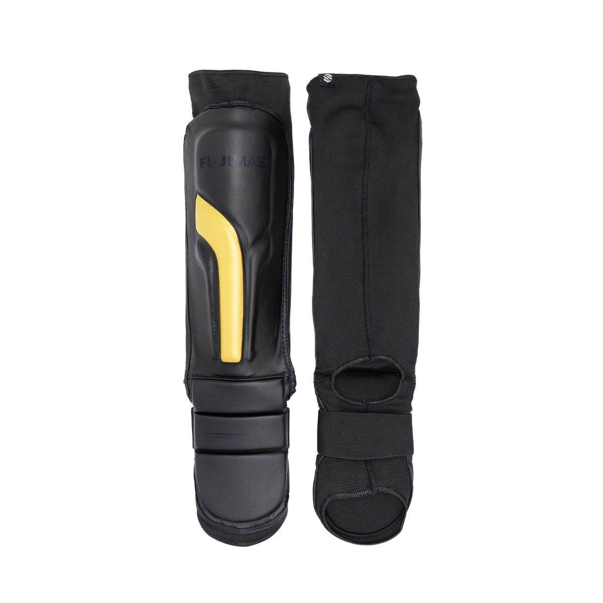 Protège tibias-pieds Fuji Mae Sparring 2.0 noir et or pour Muay Thaï et MMA avec protection double densité et confort optimal