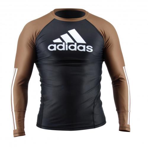 Rashguard Adidas JJB long sleeve black and brown compression top approved by IBJJF for NoGi Brazilian Jiu Jitsu.