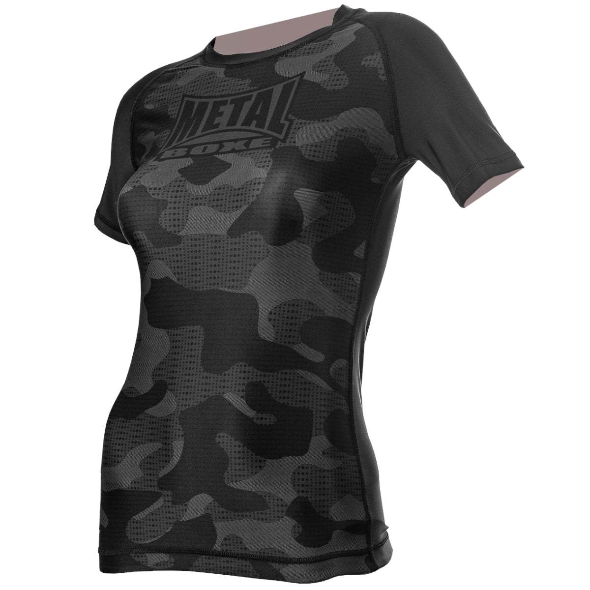 Rashguard femme Metal Boxe camo noir ajusté pour entraînement MMA et grappling