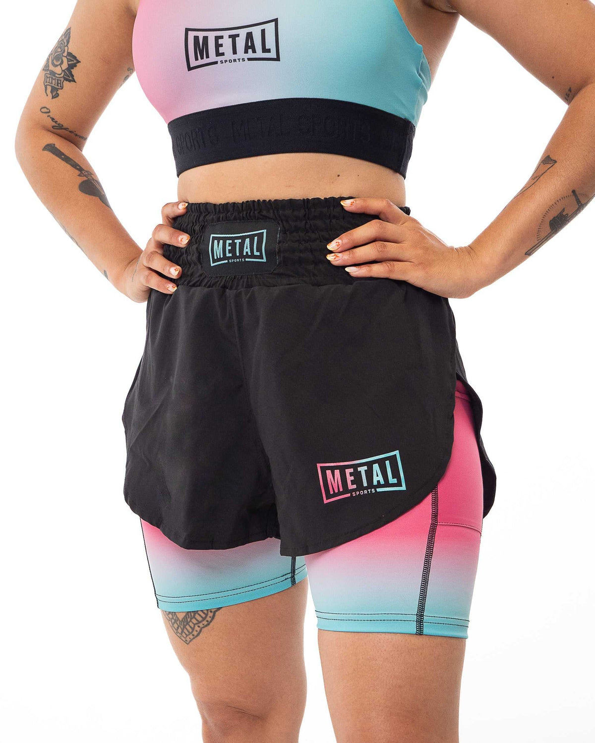 Short MMA femme 2 en 1 Metal Boxe noir et Miami Vibe pour entraînement sportive
