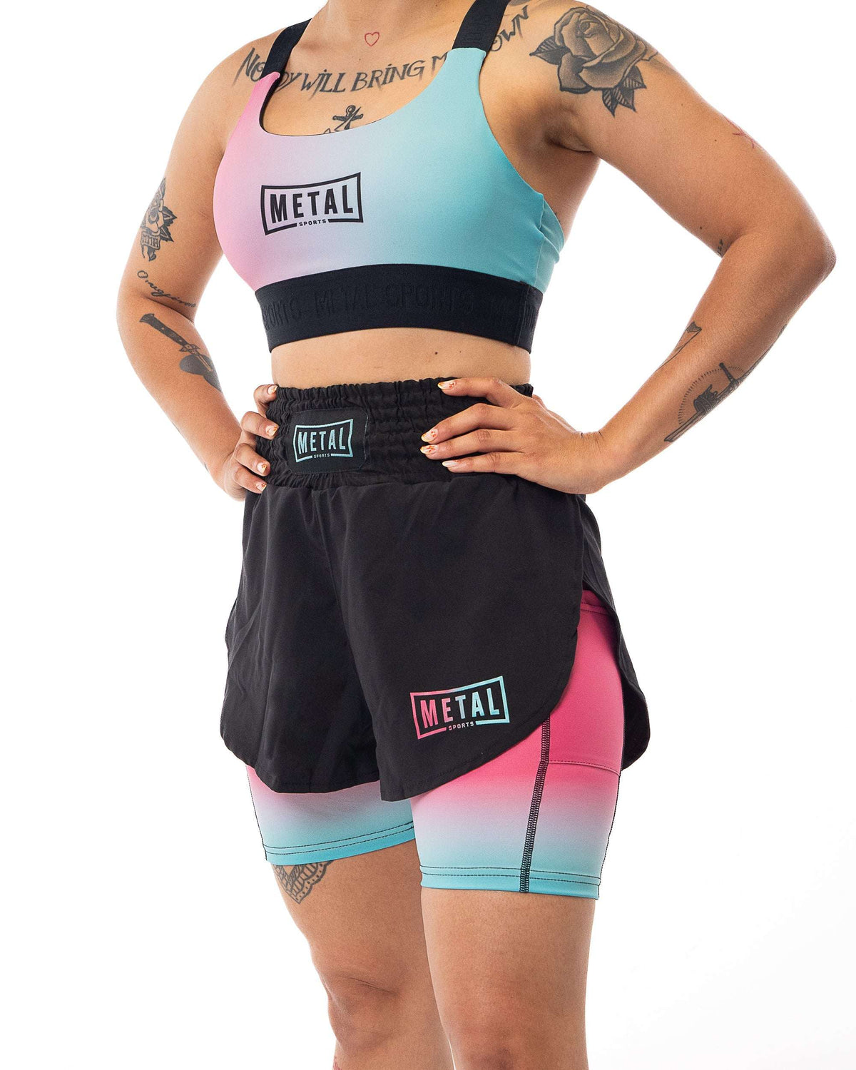 Short MMA femme 2 en 1 Metal Boxe noir et Miami Vibe pour entraînement et confort optimal