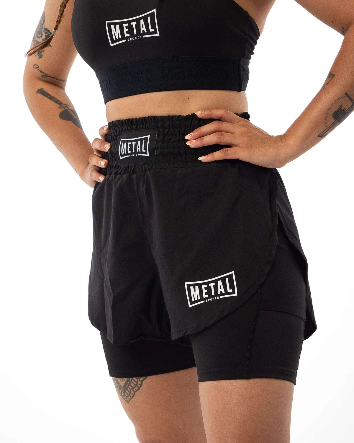 Short MMA femme 2 en 1 Metal Boxe noir et Miami Vibe, confortable et performant pour entraînement et quotidien