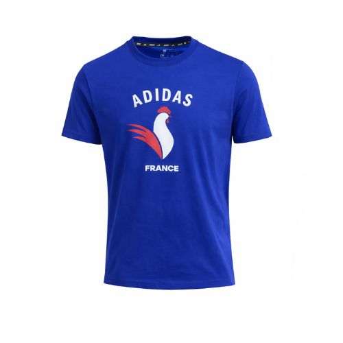 T-shirt adidas bleu avec sérigraphie Coq France et inscription Judo, confortable et résistant