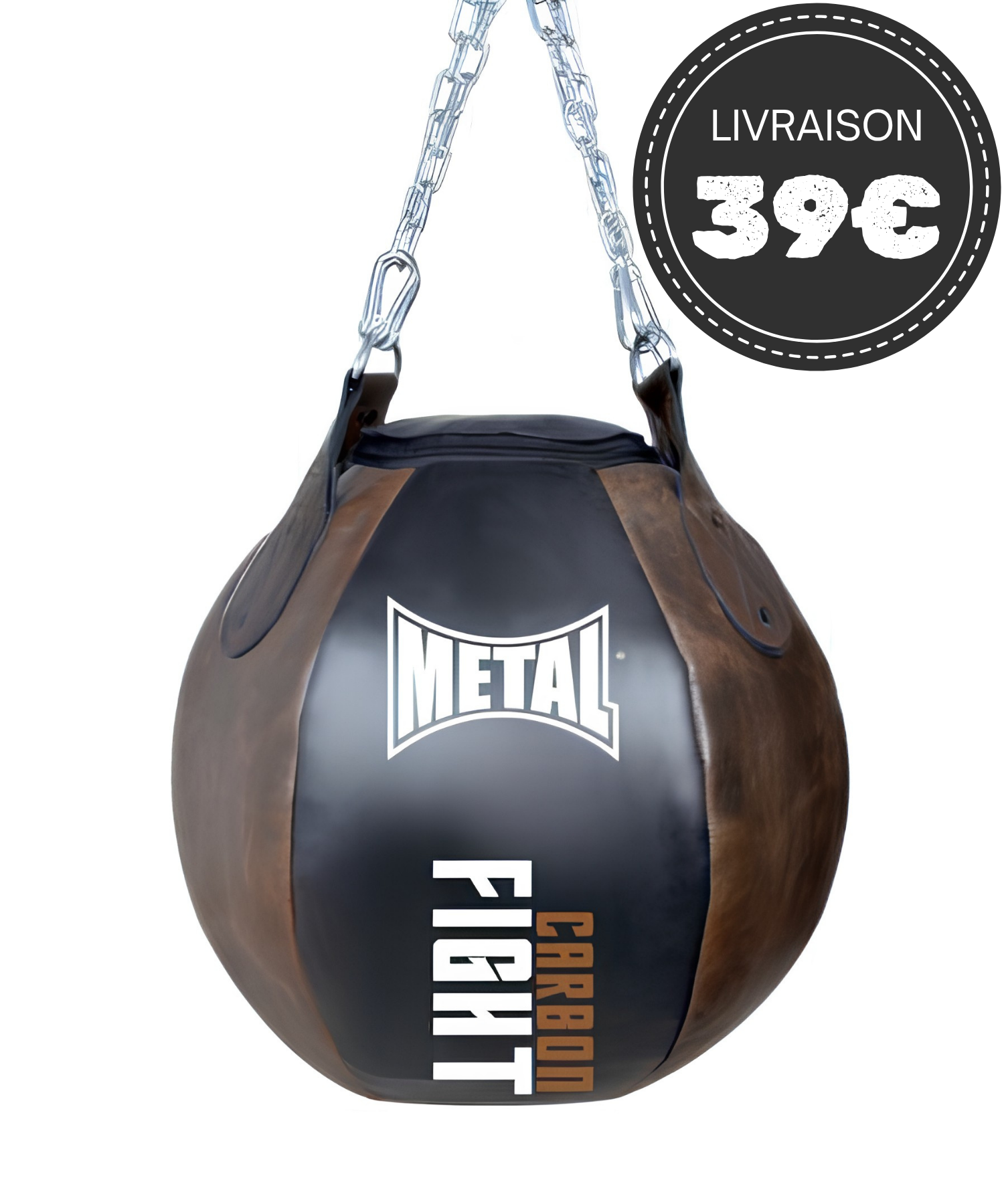 Balle de frappe Metal Boxe Carbon Fight en cuir marron et noir pour entraînement de boxe anglaise