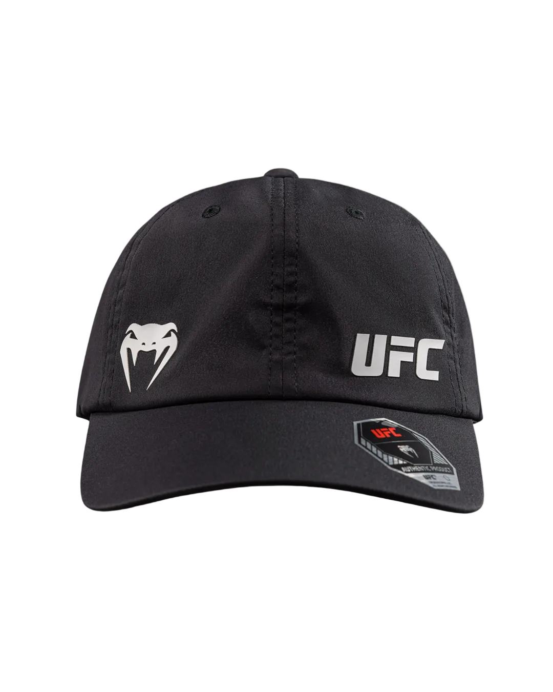 Casquette UFC noire en sergé de coton, ornée des logos blancs Venum et UFC et d’un autocollant sur la visière.