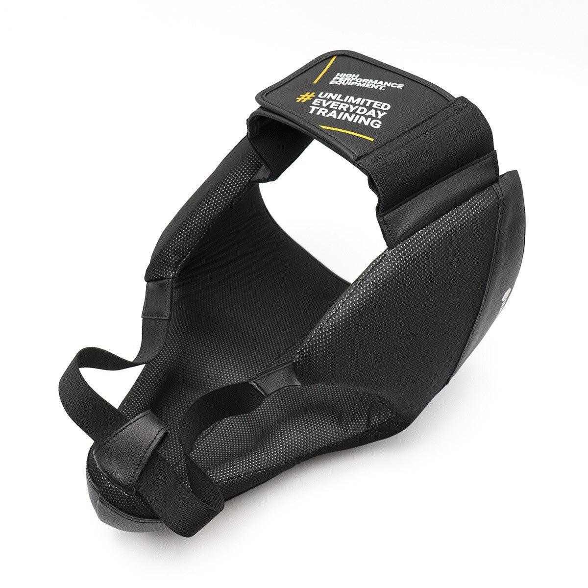 Professional black boxing sparring groin protector with dense foam padding and adjustable straps for secure fit.