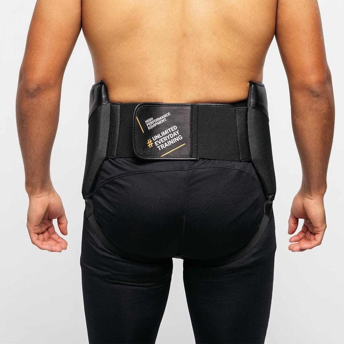 Back view of a person wearing a black FUJIMAE professional Boxing Sparring protective groin guard with adjustable velcro strap and breathable mesh lining for secure fit during training