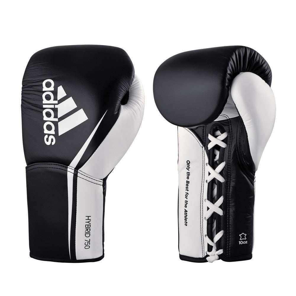 Gants de boxe adidas Hybrid 750 Pro noir et blanc, cuir à lacets