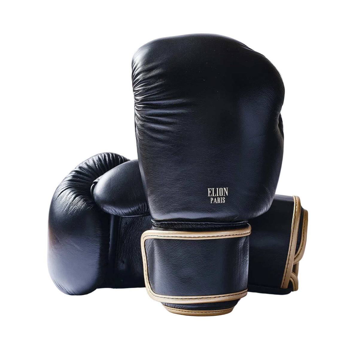 Gants de boxe Elion Collection Paris noir et or en cuir de vache haute qualité avec mousse triple densité et fermeture velcro