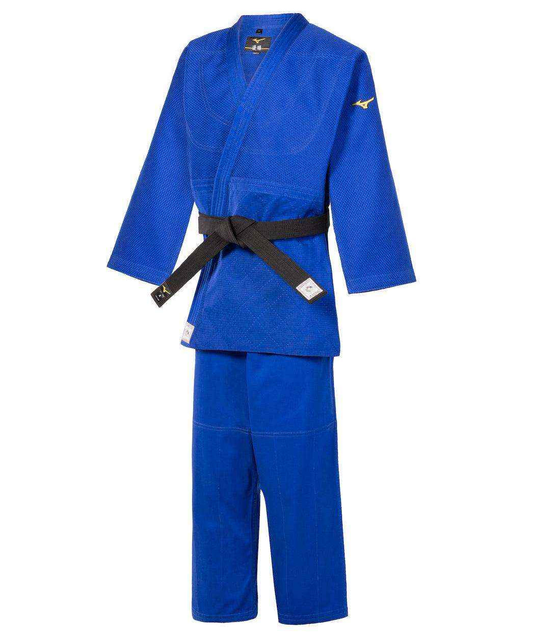 Blue Mizuno Yusho IJF 2023 judo kimono with black belt for competition