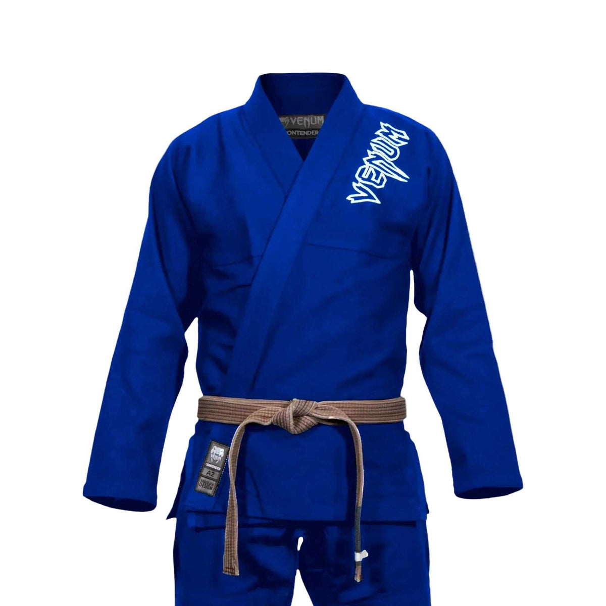 Kimono JJB Venum Contender bleu en coton, avec veste croisée, logo blanc brodé et ceinture marron nouée.