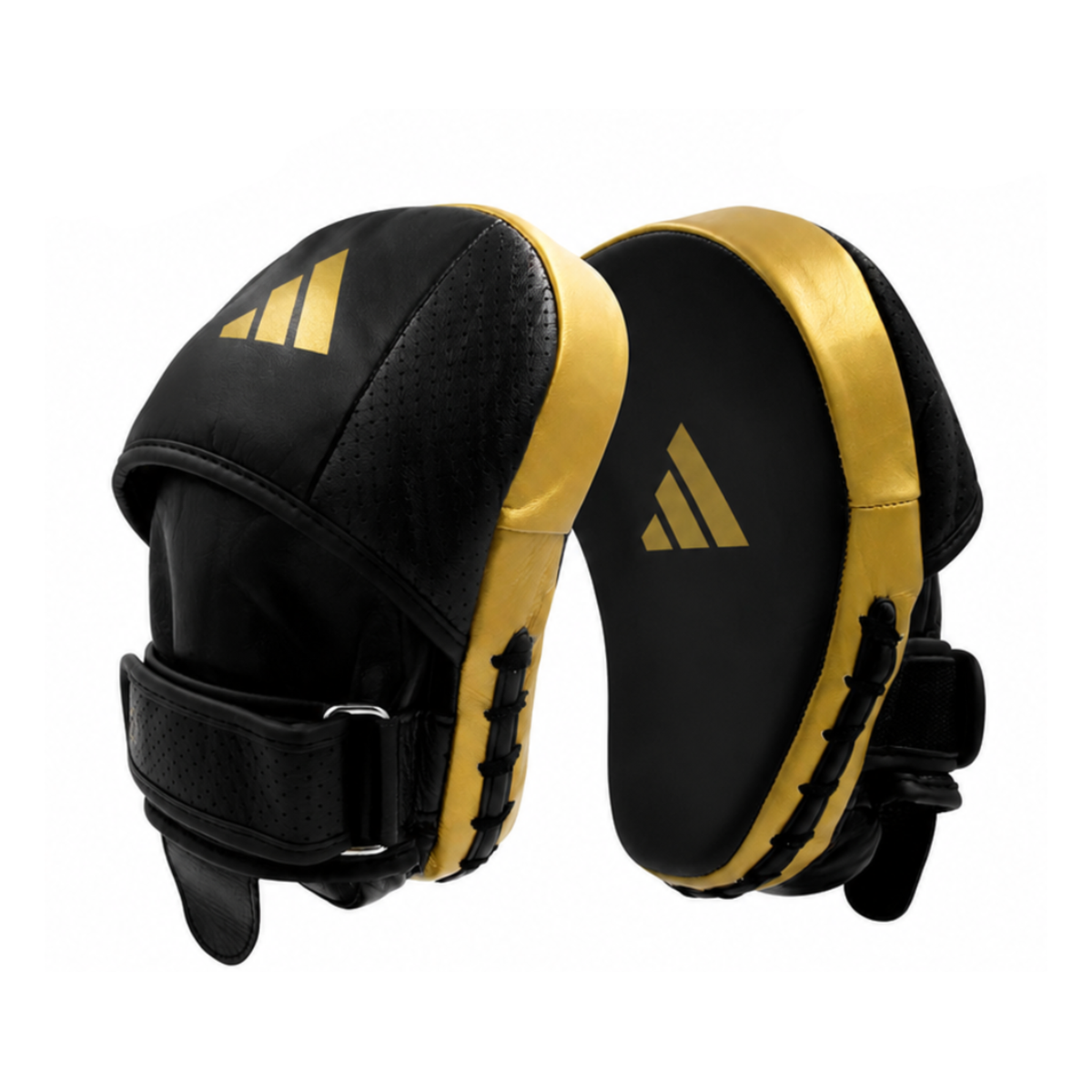 Pattes d'Ours Adidas Adistar Pro en cuir noir et or pour entraînements de boxe et arts martiaux.