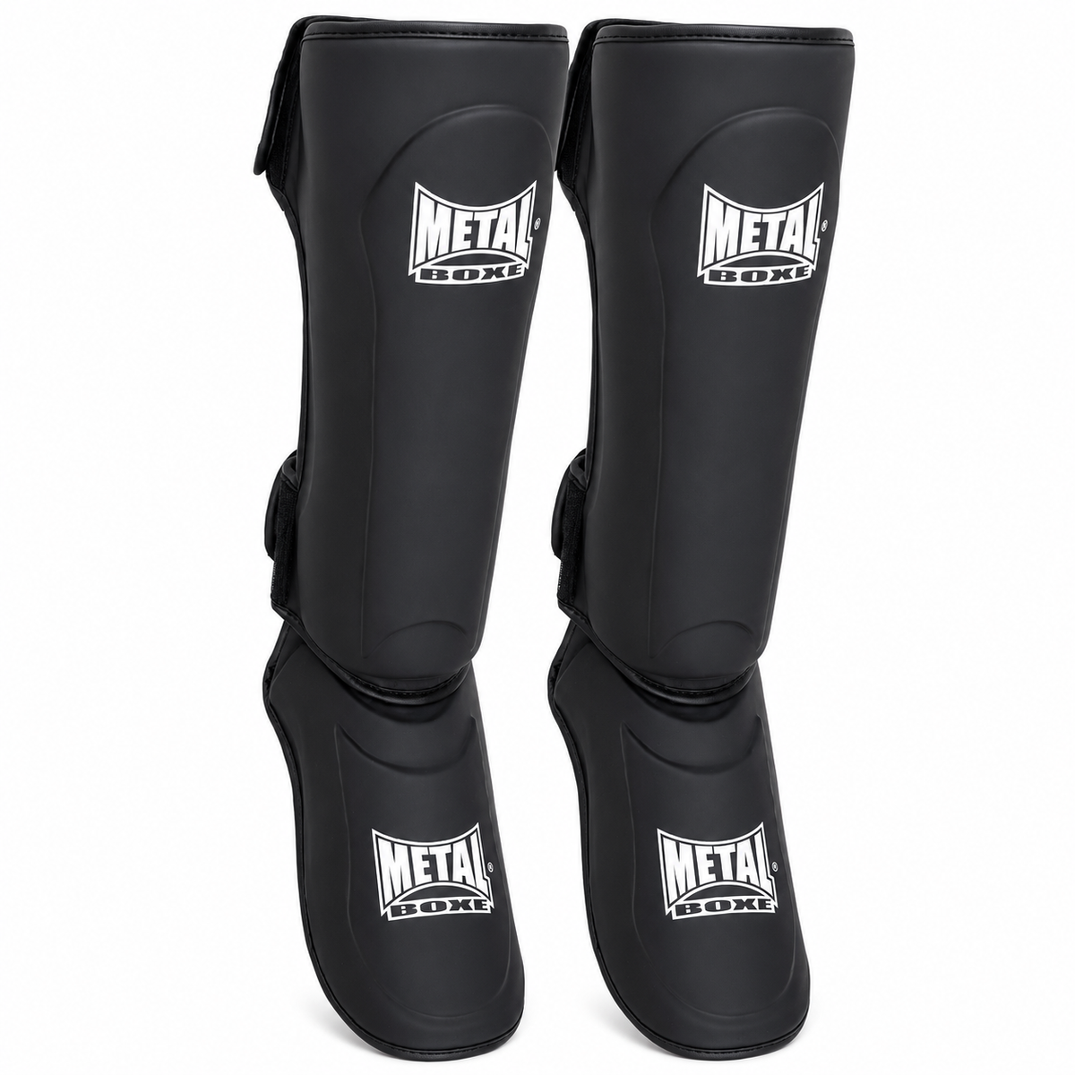 Protège-tibias et pieds Metal Boxe One noir semi-rigide en PU pour kickboxing et muay thaï