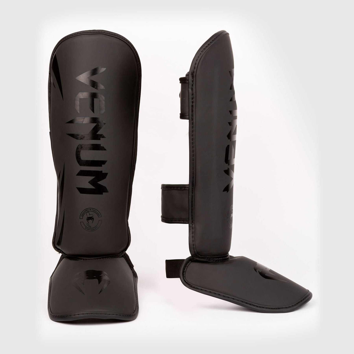 Protège-tibias enfant Venum Challenger noir pour boxe pieds-poings, mousse haute densité et maintien velcro