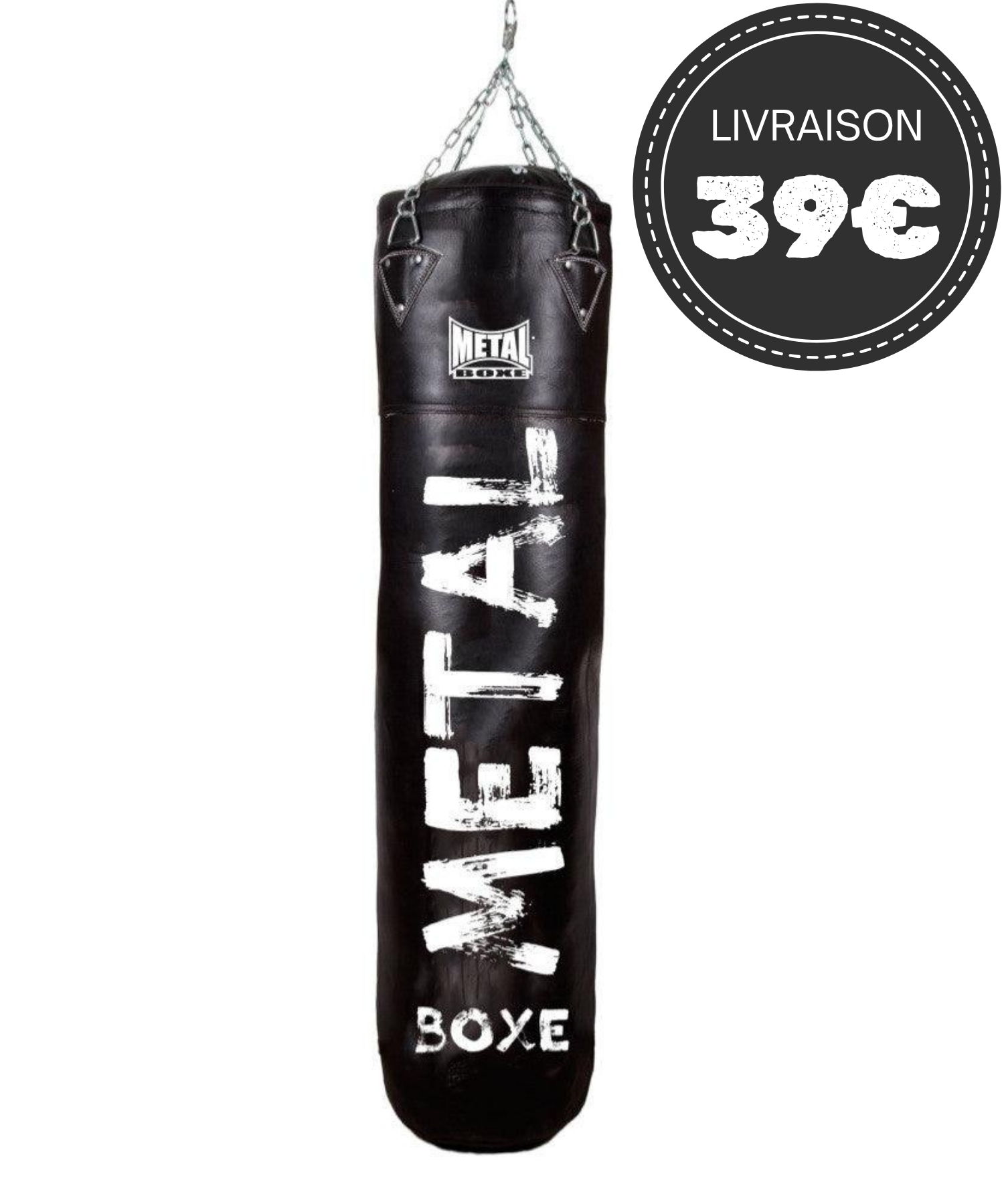 Sac de frappe en cuir noir Metal Boxe Heracles, robuste et durable pour arts martiaux et boxe.
