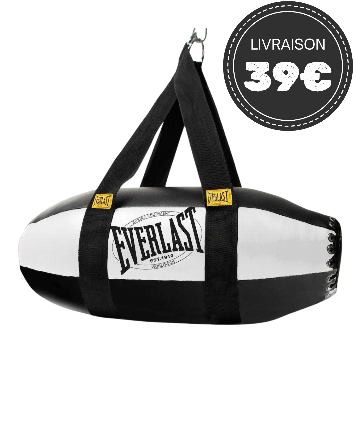 Sac de frappe Everlast 1910 Torpedo noir et blanc en cuir pleine fleur pour entraînement professionnel