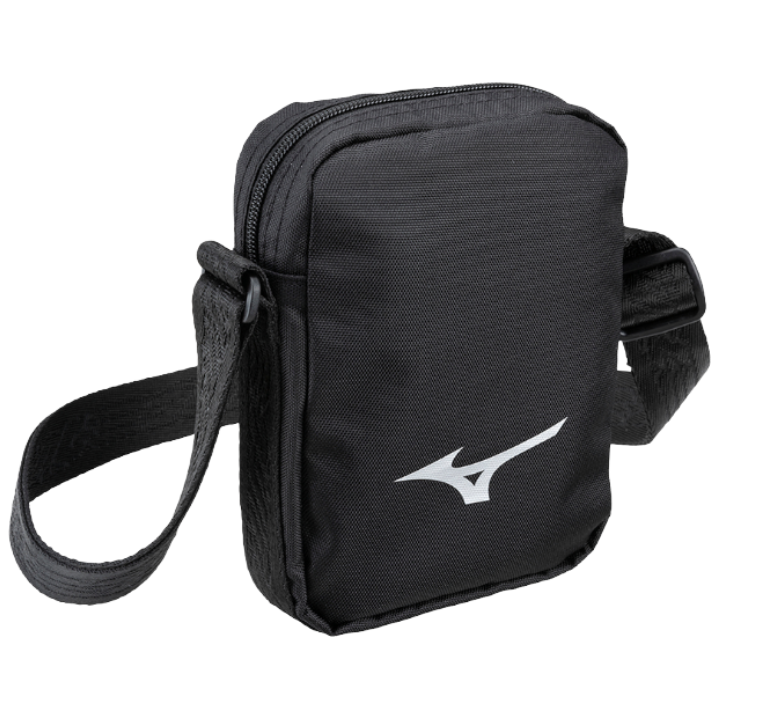 Sacoche bandoulière Mizuno WASO noire compacte en polyester résistant à l'eau avec fermeture zippée et sangle réglable pour transporter vos essentiels sportifs et quotidiens.