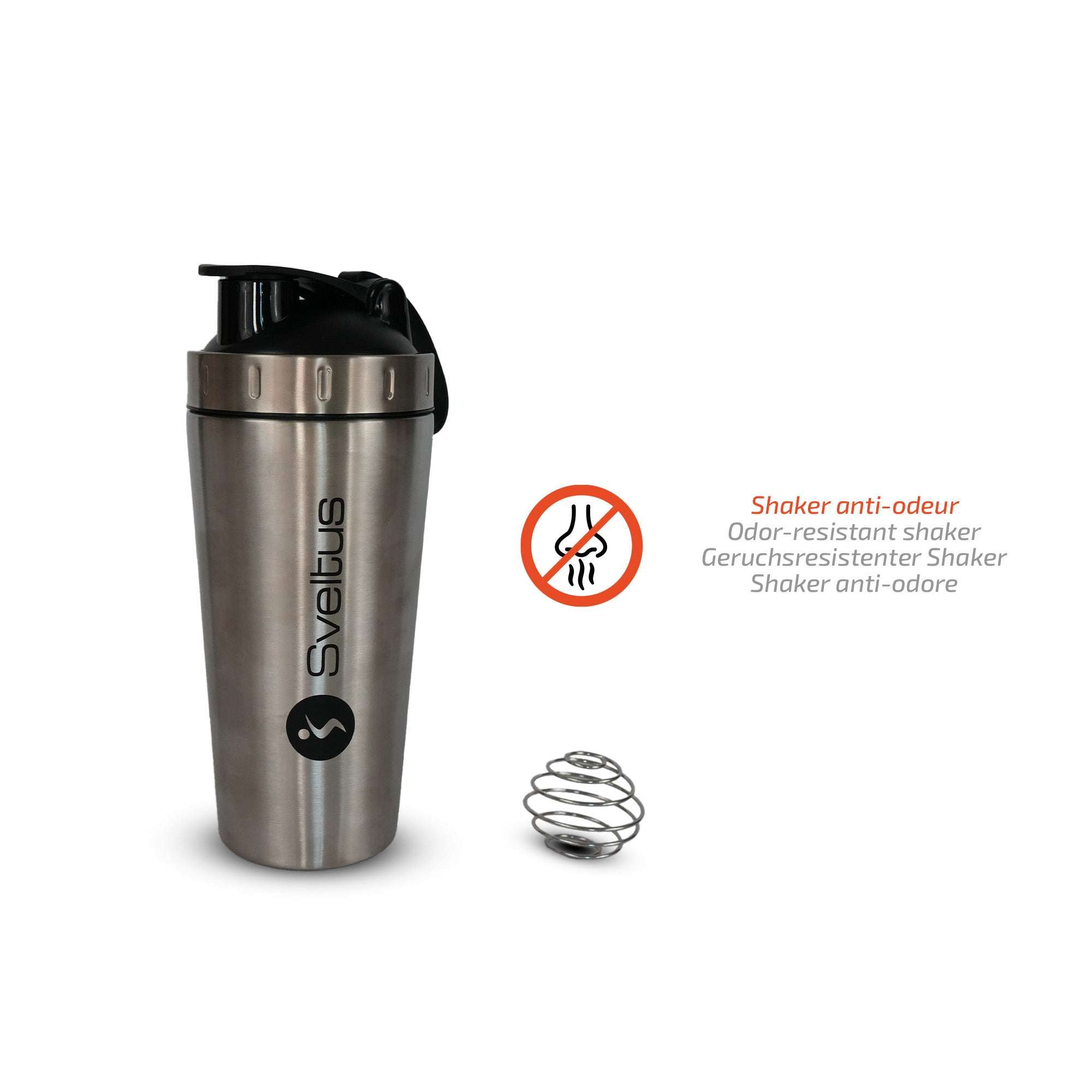Shaker inox 0,75 L Sveltus en acier inoxydable pour boissons protéinées, étanche et durable, idéal sport