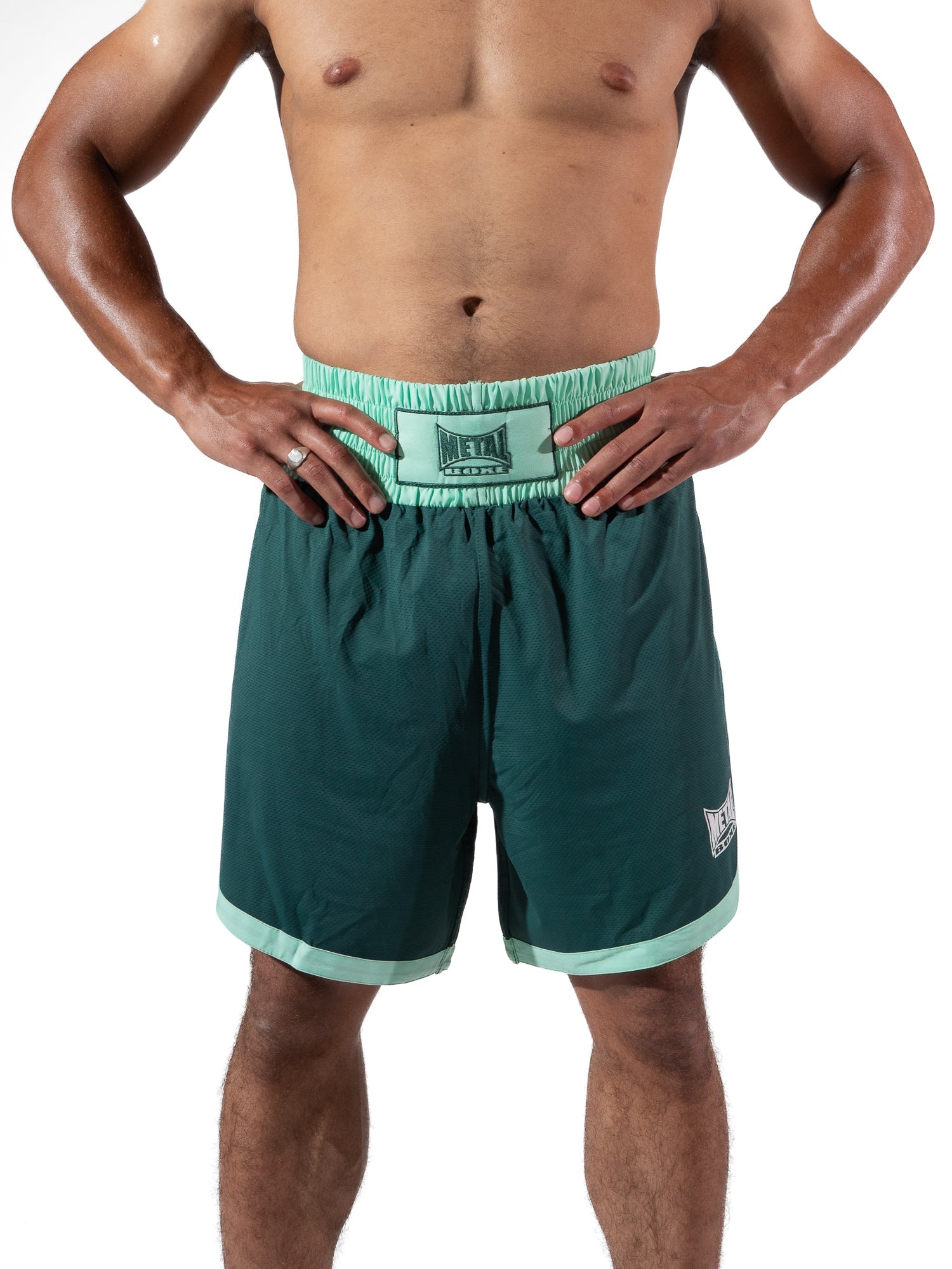 Short de boxe Metal Boxe ONE bleu Deep Waters coupe anglaise ceinture élastique large