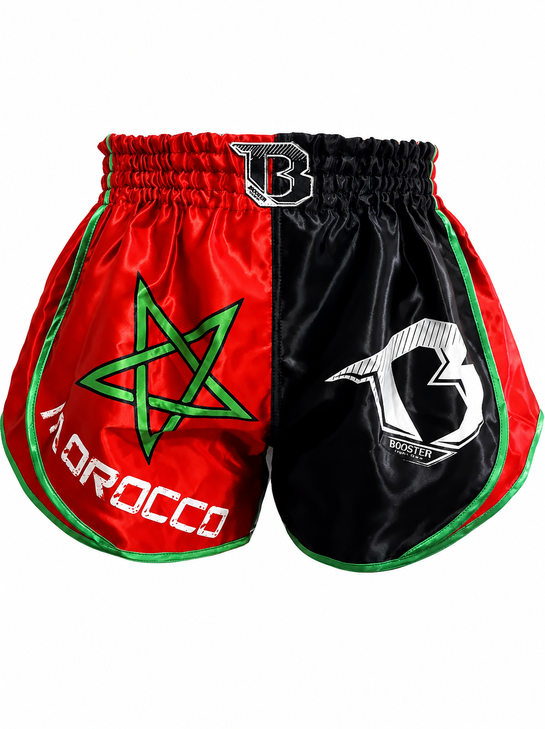 Shorts Muay Thai Booster marocains légers en satin avec ceinture élastique et fentes latérales larges.