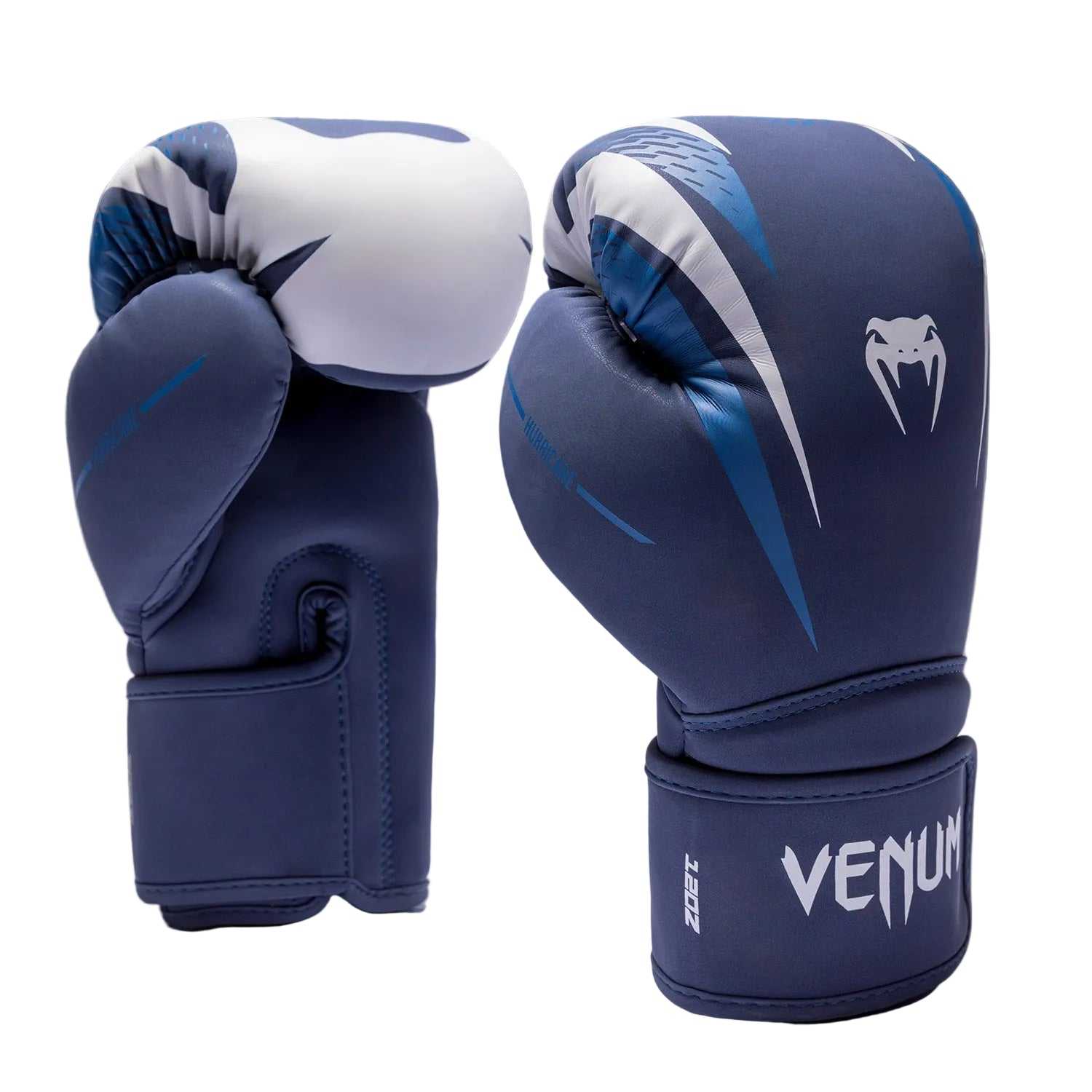 Gants de boxe Venum Hurricane bleu minuit et blanc en cuir PU avec rembourrage triple densité pour boxe, kickboxing et Muay Thaï