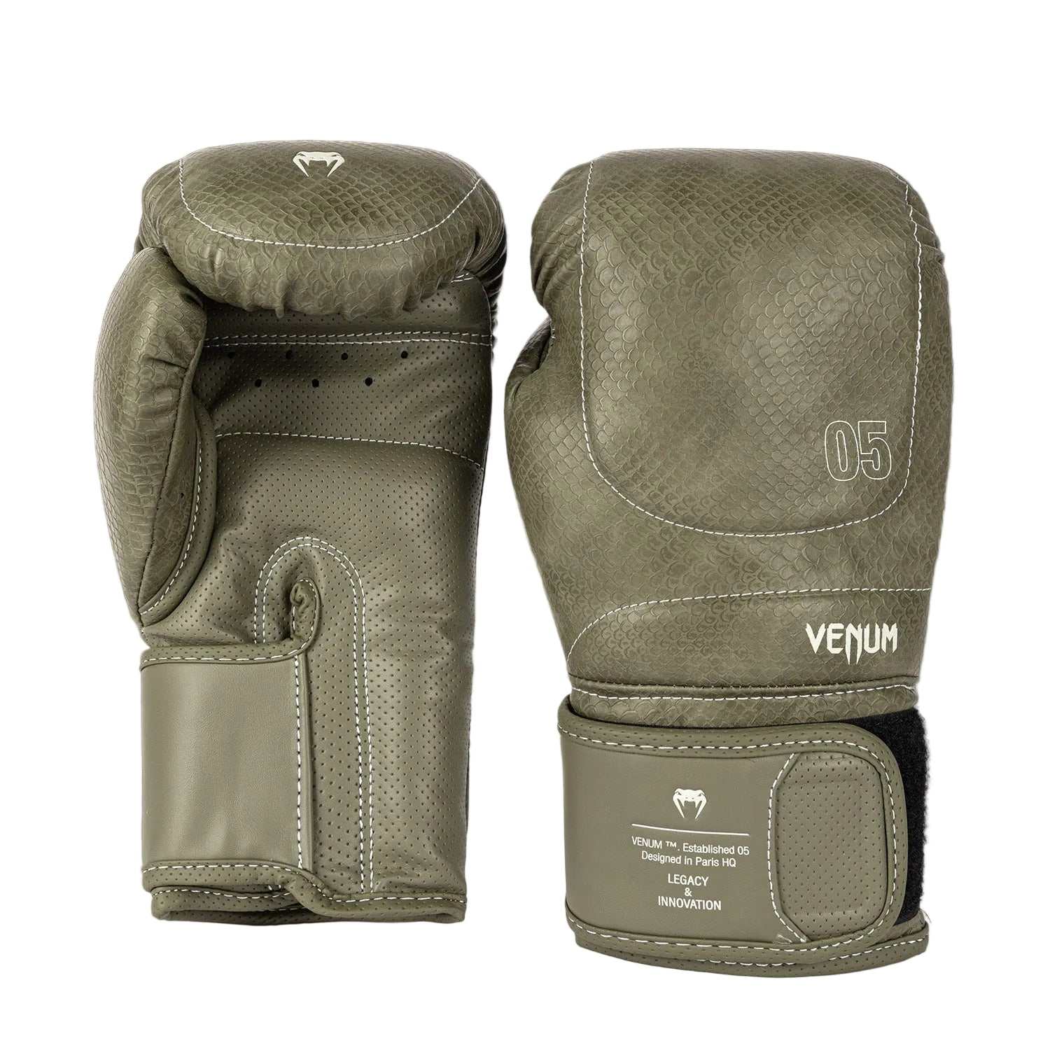 Gants de boxe Venum Impact Evo Scales vert armée en cuir avec mousse triple densité et ventilation optimale
