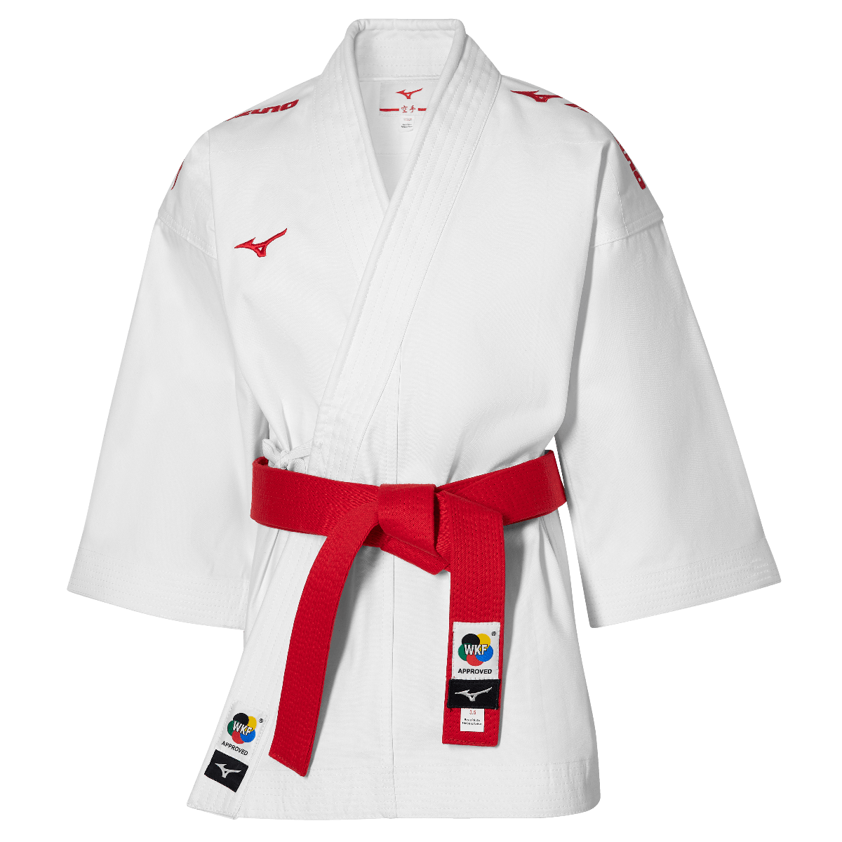 White Mizuno Veste de Kimono Karaté with red belt, embroidered logos, WKF approved, kata style jacket for competition.