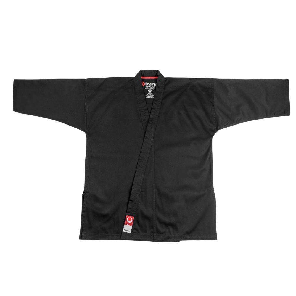 Black Veste de Karate-gi FUJIMAE Training made of 9 oz 100% cotton fabric for martial arts training and competition.
