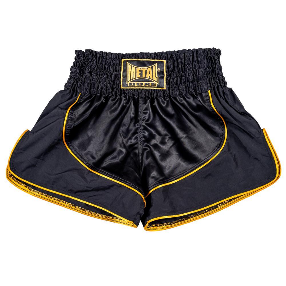 Short de boxe thaï Metal Boxe Siam noir et or, satin bi-matière et ceinture élastique large